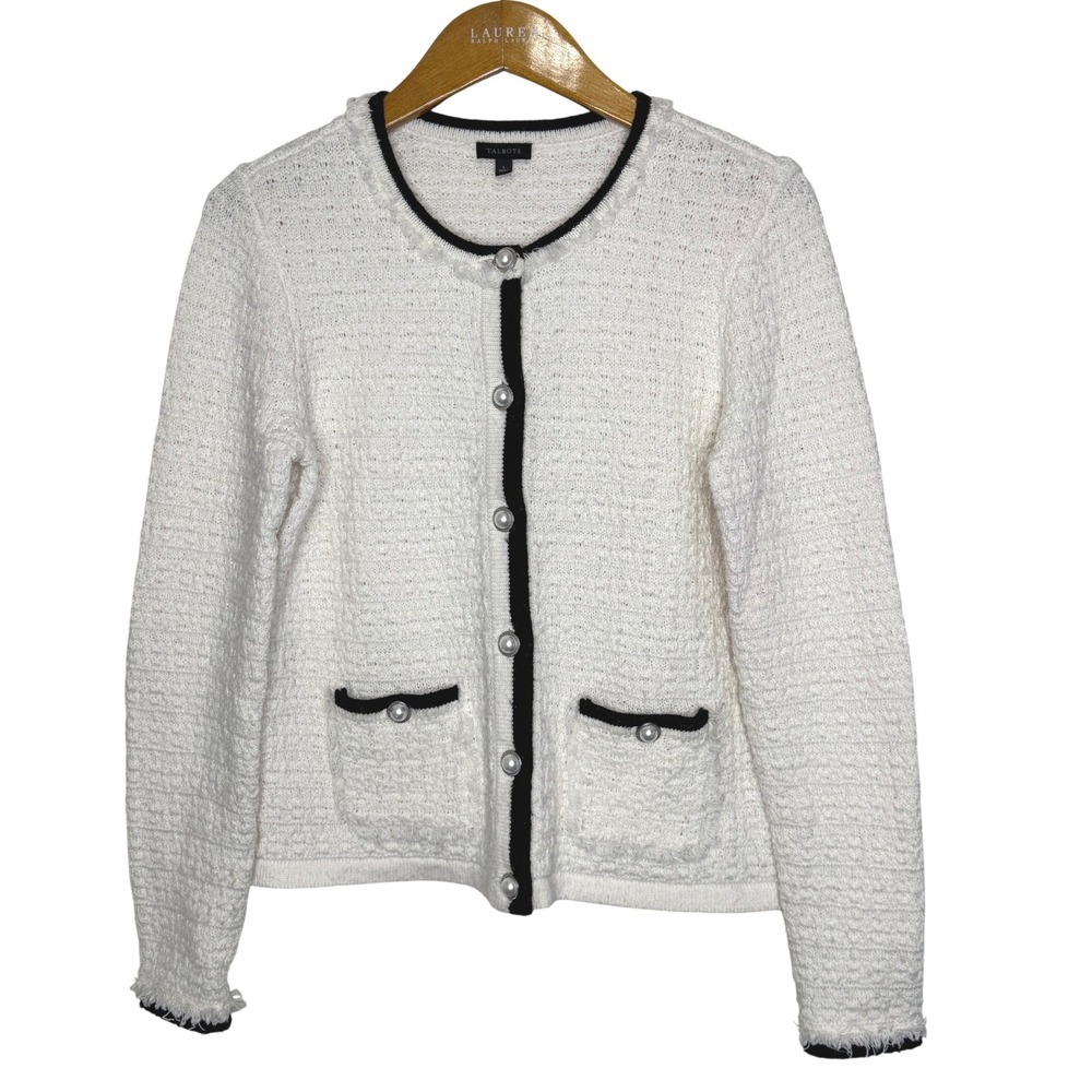 Talbots Tweed Lady Jacket White/Black‎ Button Front Small